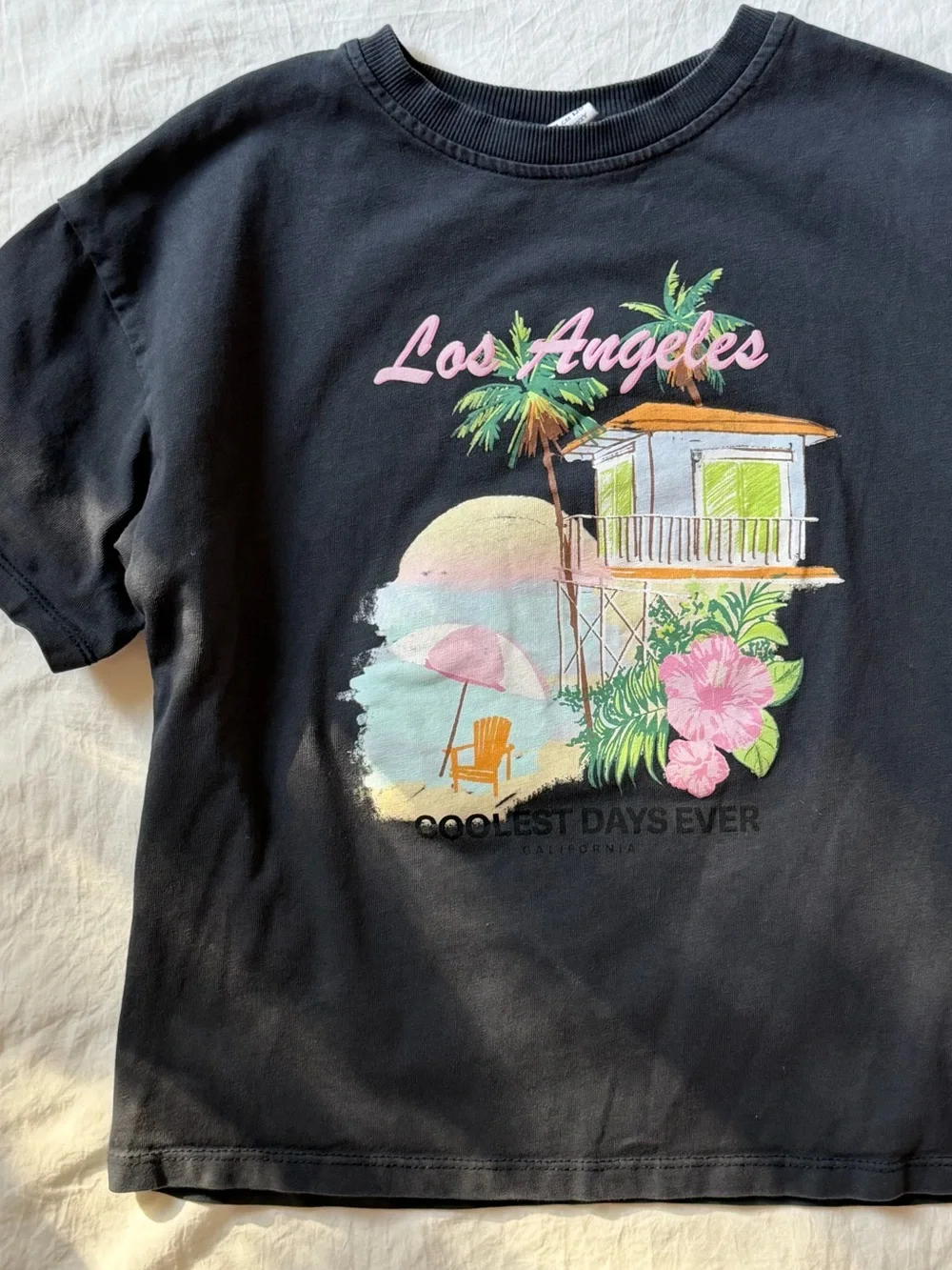 ZARA Kids 8-9Y Los Angeles California Beach Graphic T-Shirt Black